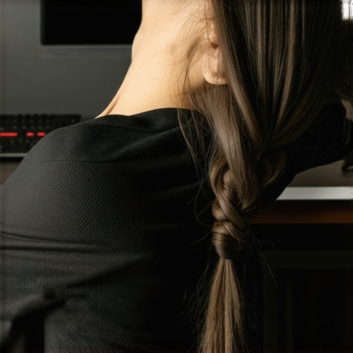 Person doing neck stretches at desk with ergonomic setup