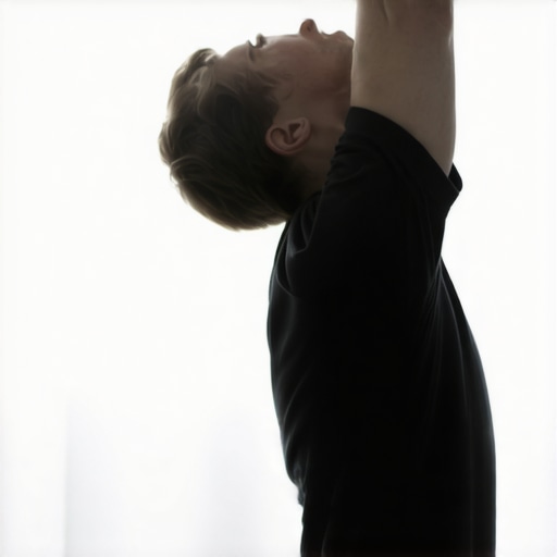 Person gently doing neck stretches in a well-lit home setting.