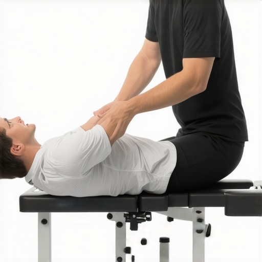 Chiropractor demonstrating mobility exercises to a patient with anatomical overlays highlighting muscles and joints