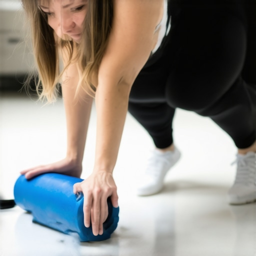Person performing mobility exercises with foam roller and resistance bands
