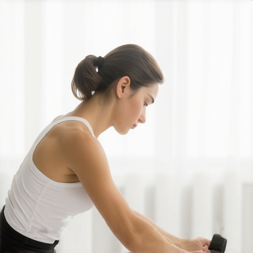 Individual doing shoulder movement drills in front of a mirror, illustrating mobility improvement for better posture.