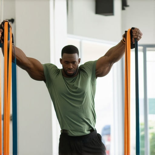 Individual stretching shoulders with resistance bands in a well-lit gym