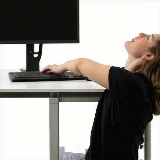 Person doing thoracic extension stretch at office desk demonstrating mobility technique