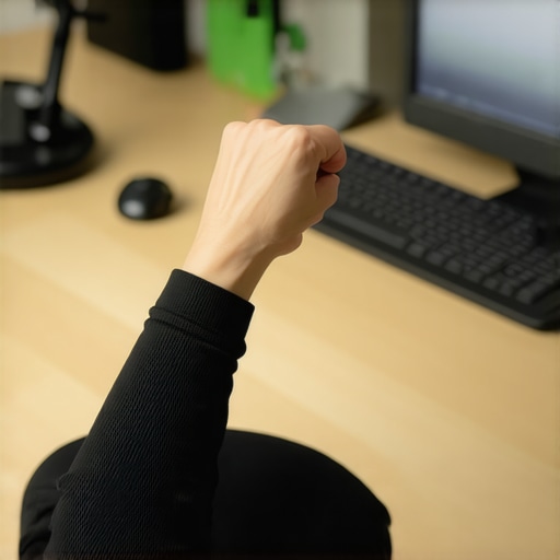 Person stretching wrists while working at desk