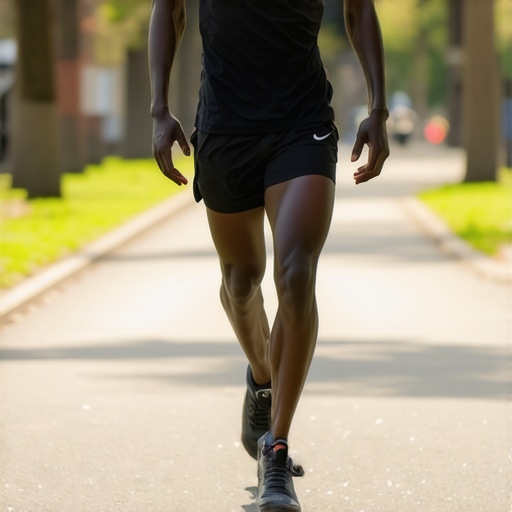 A runner demonstrating how to correct pelvic tilt before running to prevent lower back pain.