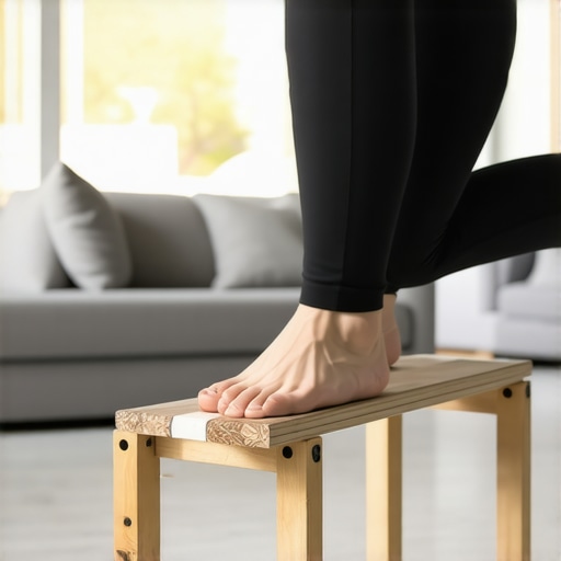 A close-up of a person performing active ankle exercises on a wooden slant board for long-term calf mobility.