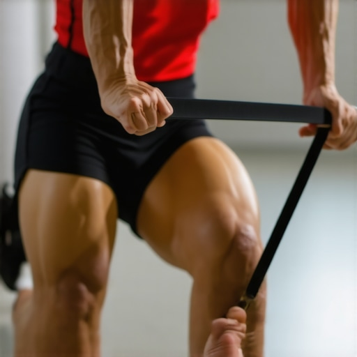 An athlete demonstrating active ankle mobilization using a resistance band to relieve tight calves.