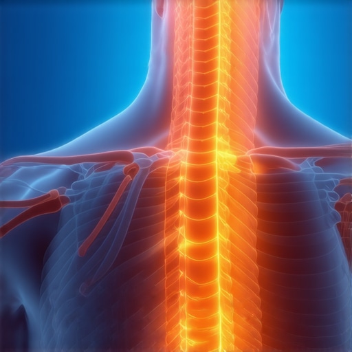 3D model of human spine showing tension points in the cervical and thoracic regions.