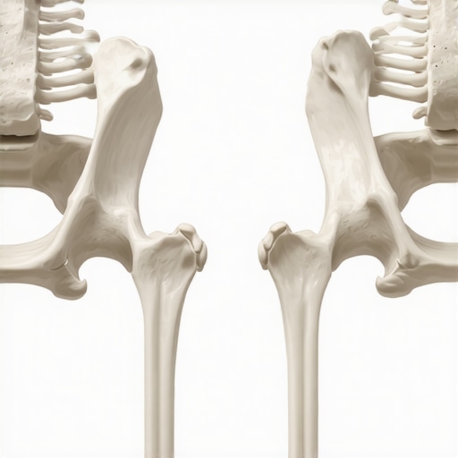 Anatomical diagram of a hip joint showing mechanical impingement versus neutral alignment.