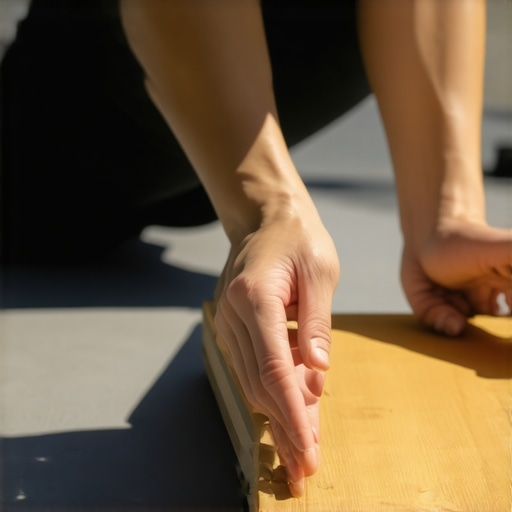 Ankle Mobilization on Slant Board A person performing active ankle dorsiflexion on a wooden slant board to prevent morning shin splints.