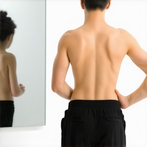 Assessing pelvic alignment in the mirror Checking pelvic tilt in a mirror for back health
