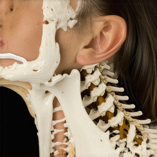 Cervical Spine and Jaw Joint Connection Anatomical diagram style showing the relationship between cervical spine alignment and jaw muscle tension.