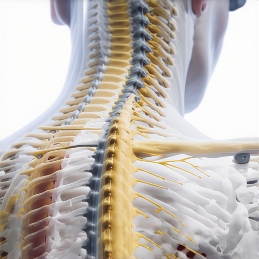 Anatomical model of the cervical spine illustrating the relationship between neck alignment and nerve health.