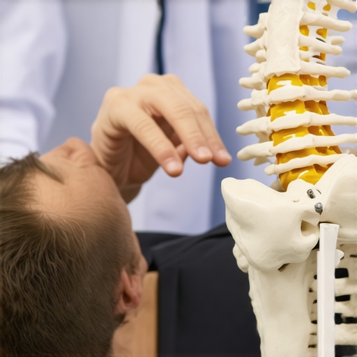 Chiropractor explaining spinal joint mobility A chiropractor pointing to a specific segment on a spinal model while talking to a patient.