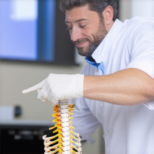 Close-up of a spine model being used to explain structural alignment and joint mobility.