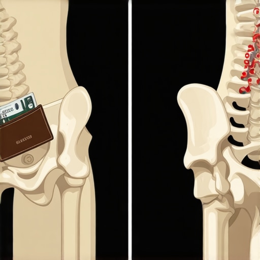 Comparison of Tilted vs Level Pelvic Alignment Diagram showing how a back-pocket wallet causes pelvic tilt and spinal compensation versus healthy level alignment
