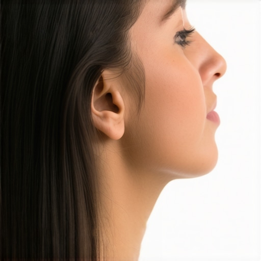 Correct Chin Tuck Technique for Neck Alignment Person demonstrating a chin tuck exercise against a wall to relieve neck tension and improve posture.