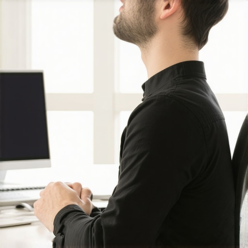 Side view of a man performing a chin tuck exercise to stabilize his neck muscles at an office desk.