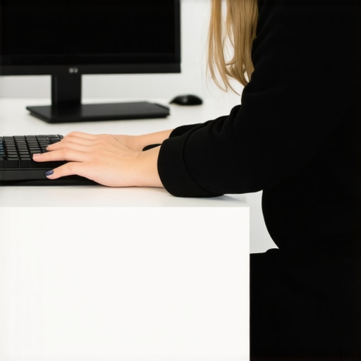 Person at a desk demonstrating 90-degree elbow angle and relaxed shoulders to prevent mouse-related pain