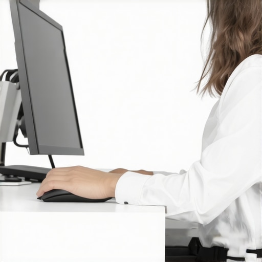 Correct Ergonomic Mouse Placement A person demonstrating proper ergonomic mouse positioning with elbows tucked near the ribs.