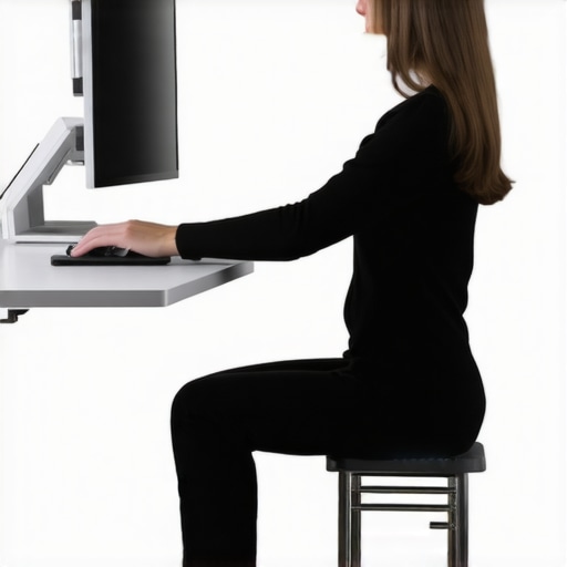 Correct Ergonomic Standing Desk Posture A person demonstrating the 90-degree elbow rule and weight shifting at a standing desk.