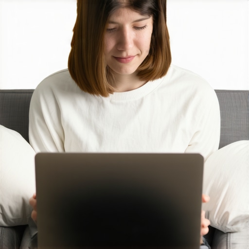 Correct Laptop Posture on a Couch Person using pillows for ergonomic support while using a laptop on a couch