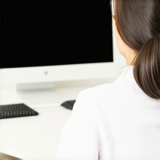 A person using a lumbar roll and eye-level monitor for better spinal health at a desk.