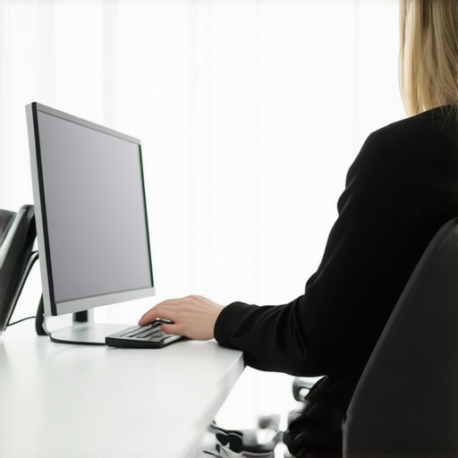Correct Monitor Height for Ergonomics A person demonstrating perfect desk posture with a monitor at eye level to prevent tension headaches.