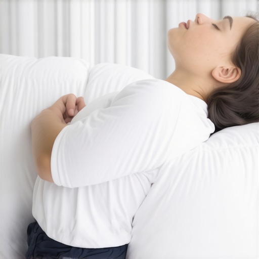 Properly aligned side sleeper with pillows supporting the spine and shoulder pocket.