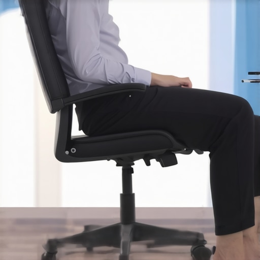Correct Sitting Posture for Disc Health Diagram showing a person sitting with a slight recline and neutral pelvis to reduce back pain.