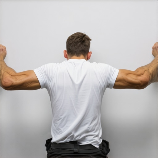 A person demonstrating the wall slide exercise to activate lower trap muscles and relieve shoulder neck tension