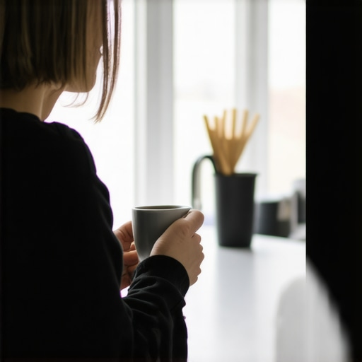 Person practicing proper posture while drinking coffee at a kitchen island