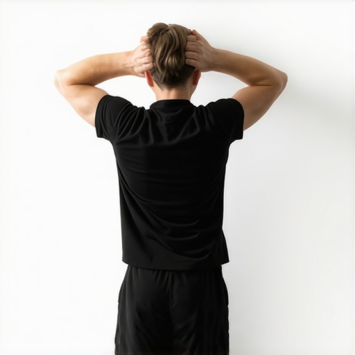 A person demonstrating a wall stretch to improve posture and reduce neck clicking.