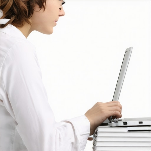 DIY Ergonomic Monitor Height Adjustment A side view of a person using books to lift their laptop to eye level for better neck posture.