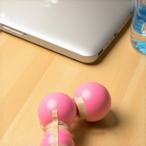 A close-up of a DIY peanut massage tool for thoracic spine mobility in a home office setting.