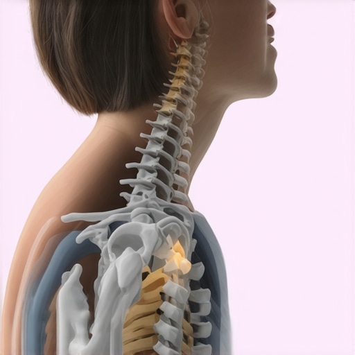 Diagram showing how a chin tuck exercise aligns the neck vertebrae to relieve a pinched nerve.