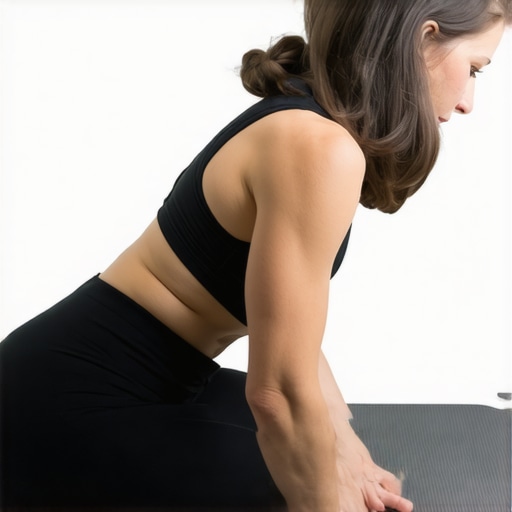 A fitness professional executing a posterior pelvic tilt on a yoga mat to prevent lower back clicking.