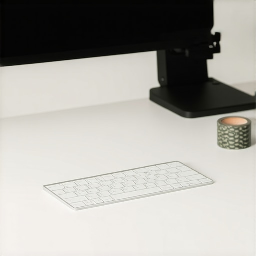 Desk Setup with Tactile Posture Alignment Marker Tactile marker tape on a desk to maintain correct keyboard and monitor placement for better posture