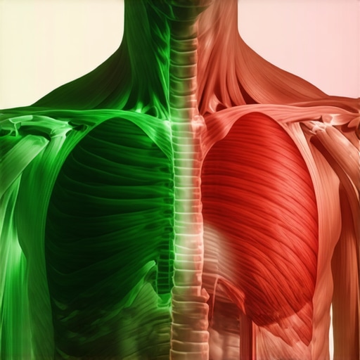 Diagram comparing diaphragmatic breathing and chest breathing showing muscle tension in the neck and shoulders.
