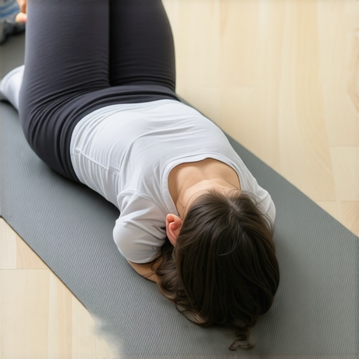 A person lying down on a yoga mat practicing deep breathing to release shoulder tension