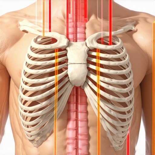 Diagram showing how proper breathing expansion supports the spine and reduces neck tension