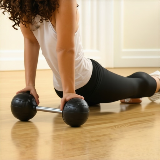 Double Lacrosse Ball Mobility Tool for Mid-Back Relief A double lacrosse ball peanut tool being used on a floor to mobilize the thoracic spine.