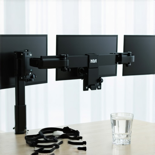 Dynamic Home Office Setup for Posture Maintenance A desk with an ergonomic monitor arm and mobility tools to support spinal health.