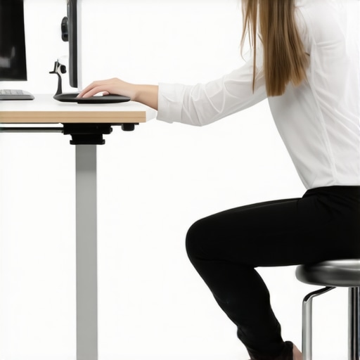 An individual demonstrating that the best posture is the next posture by switching positions at an ergonomic workstation.