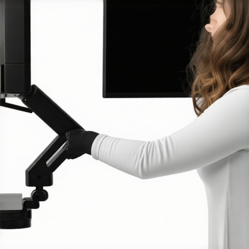 A person using a monitor arm to maintain healthy neck posture at work.