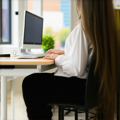 Dynamic sitting posture at a modern desk A man practicing active sitting by varying his posture at a home office desk.