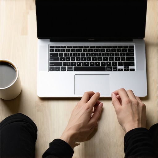 A person using a laptop stand and external keyboard in a cafe for better posture.