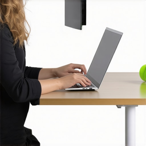 A modern workspace showing a laptop riser and mobility tools for cervical spine maintenance.