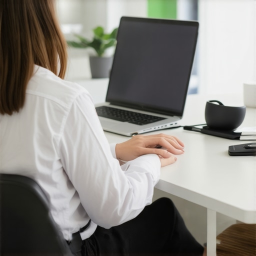 A properly adjusted office desk setup with a laptop stand and lumbar roll support.