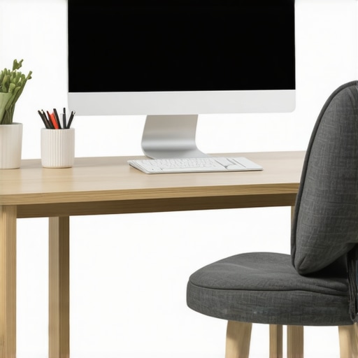 Ergonomic Desk Setup with Lumbar Support A person's workspace showing a monitor at eye level and a lumbar roll in the chair to improve posture.